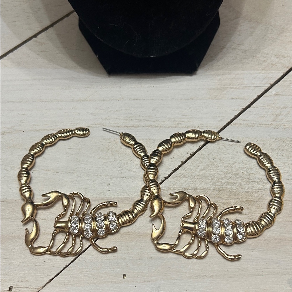 4” OversizedGold Tone Scorpion Hoop Earrings w/ Rhinestones – Zodiac / Statement